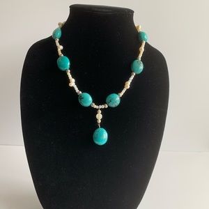 Turquoise stone, pearl & silver beaded Handmade Necklace